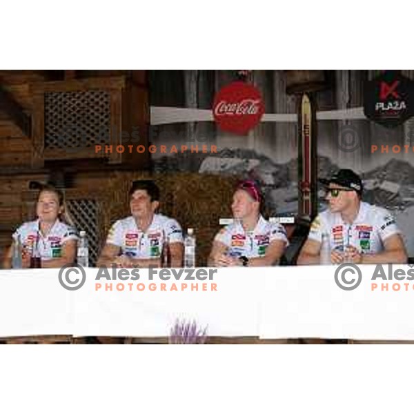 Meta Hrovat, Zan Kranjec, Marusa Ferk, Stefan Hadalin of Slovenia Ski team during press conference at Krvavec Ski resort on June 26, 2019