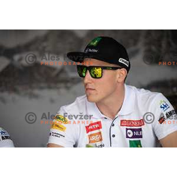 Stefan Hadalin of Slovenia Ski team during press conference at Krvavec Ski resort on June 26, 2019