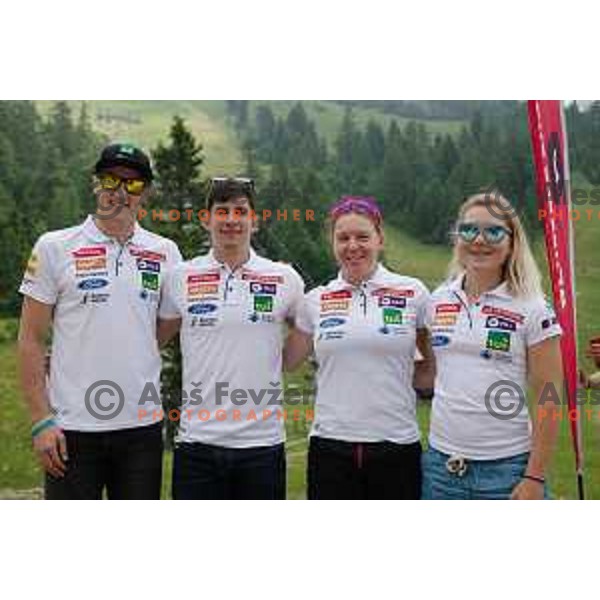 Stefan Hadalin, Zan Kranjec, Marusa Ferk and Meta Hrovat of Slovenia Ski team during press conference at Krvavec Ski resort on June 26, 2019