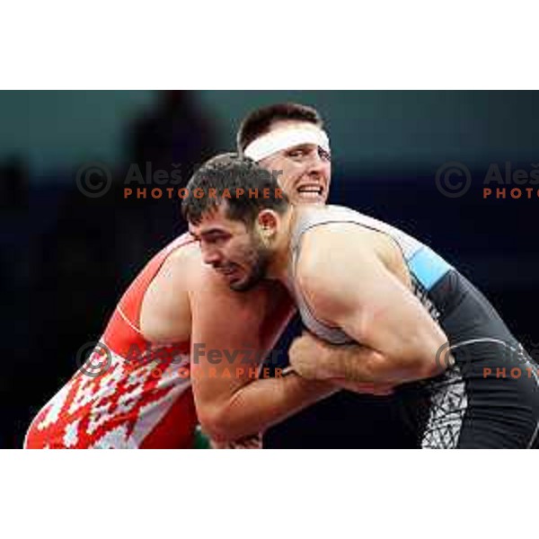 Aliaksandr Hrabovik (BLR) fights in Wrestling Greco-Roman Style 97 kg in Dvorec Sporta at 2nd European Games, Minsk, Belarus on June 29, 2019