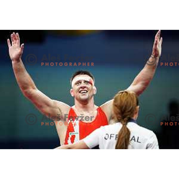 Aliaksandr Hrabovik (BLR) fights in Wrestling Greco-Roman Style 97 kg in Dvorec Sporta at 2nd European Games, Minsk, Belarus on June 29, 2019