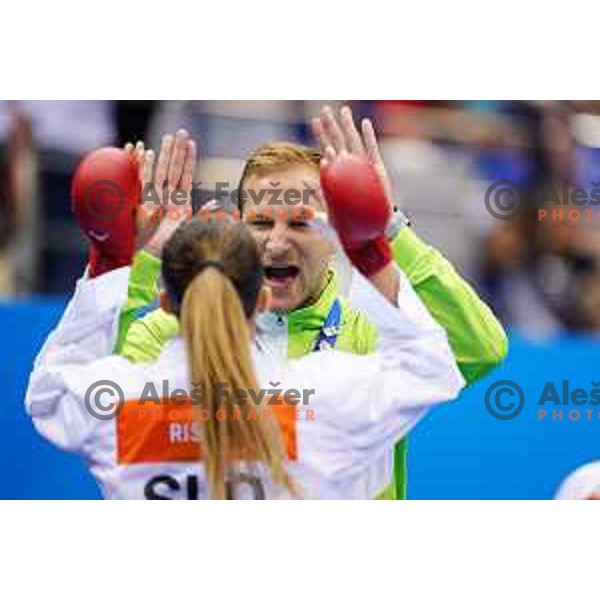 Coach Matija Matijevic and Tjasa Ristic of Slovenia in during semi-final of Women\'s Karate Kumite -61 kg at 2nd European Games, Minsk, Belarus on June 30, 2019