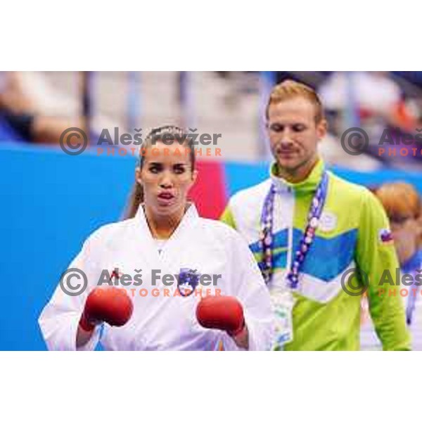 Coach Matija Matijevic and Tjasa Ristic of Slovenia in during semi-final of Women\'s Karate Kumite -61 kg at 2nd European Games, Minsk, Belarus on June 30, 2019