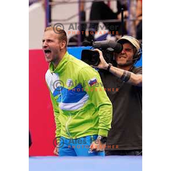 Coach Matija Matijevic and Tjasa Ristic of Slovenia in during semi-final of Women\'s Karate Kumite -61 kg at 2nd European Games, Minsk, Belarus on June 30, 2019