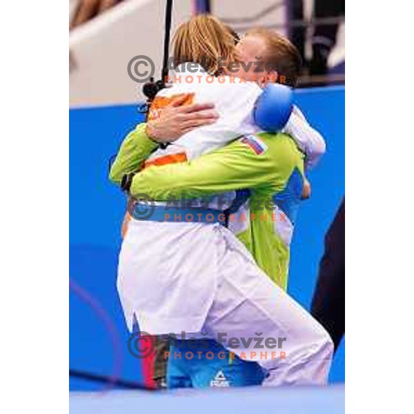 Coach Matija Matijevic and Tjasa Ristic of Slovenia in during semi-final of Women\'s Karate Kumite -61 kg at 2nd European Games, Minsk, Belarus on June 30, 2019