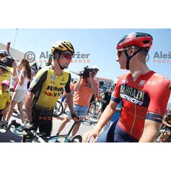 Primoz Roglic and Matej Mohoric at start of Men\'s Road Race at Slovenian National Cycling Championships in Radovljica on June 30, 2019