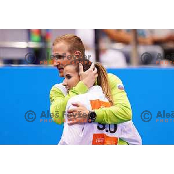 Coach Matija Matijevic and Tjasa Ristic of Slovenia, winner of silver medal in Women\'s Karate Kumite -61 kg at 2nd European Games, Minsk, Belarus on June 30, 2019