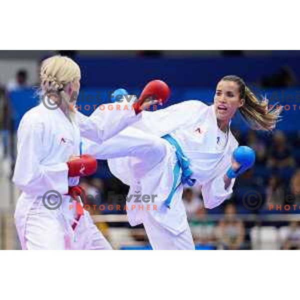 Tjasa Ristic (SLO) fights with Anita Serogina (UKR) in Women\'s Karate Kumite Final -61 kg at 2nd European Games, Minsk, Belarus on June 30, 2019