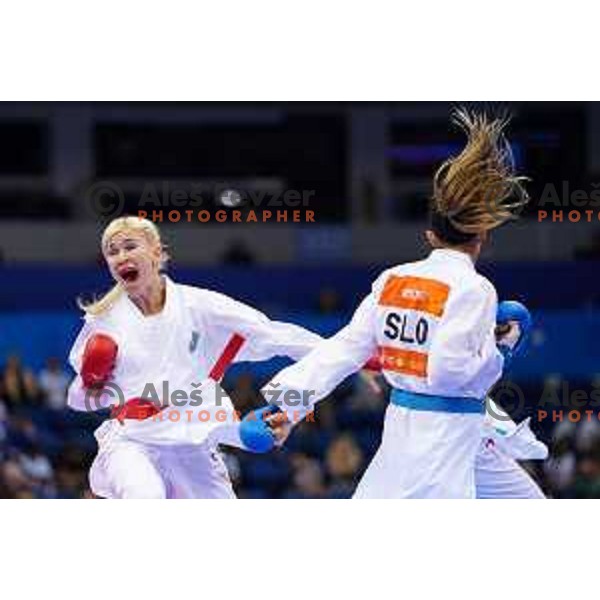 Tjasa Ristic (SLO) fights with Anita Serogina (UKR) in Women\'s Karate Kumite Final -61 kg at 2nd European Games, Minsk, Belarus on June 30, 2019