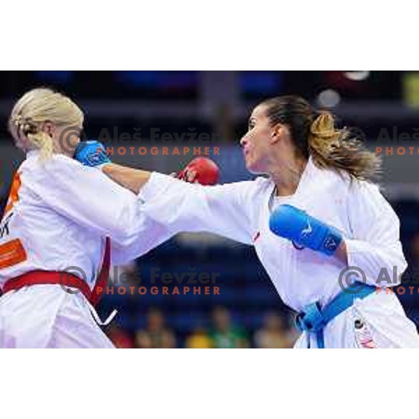 Tjasa Ristic (SLO) fights with Anita Serogina (UKR) in Women\'s Karate Kumite Final -61 kg at 2nd European Games, Minsk, Belarus on June 30, 2019