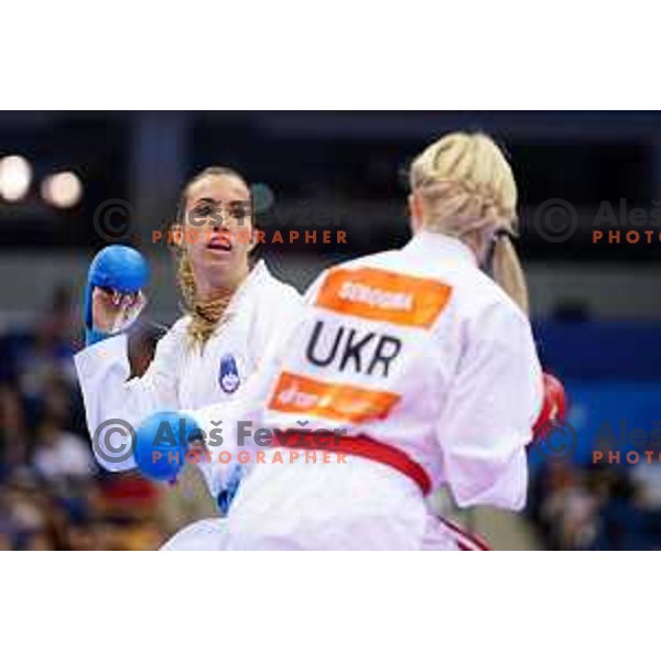 Tjasa Ristic (SLO) fights with Anita Serogina (UKR) in Women\'s Karate Kumite Final -61 kg at 2nd European Games, Minsk, Belarus on June 30, 2019