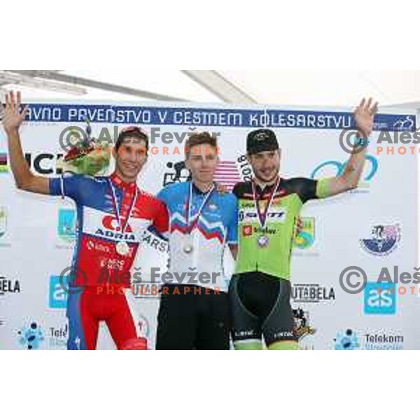 Aljaz Jarc, Tadej Pogacar and Nik Cemazar at podium of Junior Men\'s Road Race at Slovenian National Cycling Championships in Radovljica on June 30, 2019