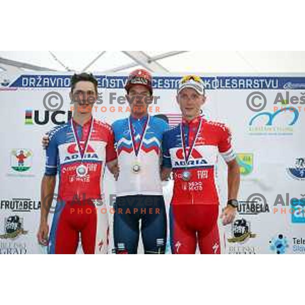 Gasper Katrasnik, Domen Novak and Marko Kump at Podium of Men\'s Road Race at Slovenian National Cycling Championships in Radovljica on June 30, 2019