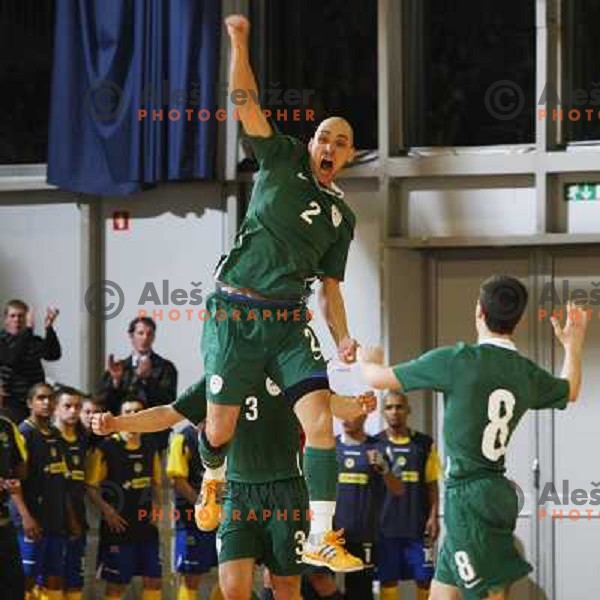 Miha Osojnik celebrates goal at friendly futsal match Slovenia-Brasil in Hala Tivoli, Ljubljana, Slovenia on 21.2.2008. Brasil won 6:3 (5:1) in front of 4000 spectators. 