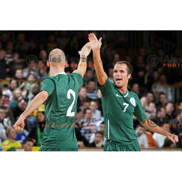 Osojnik (2) and Osredakr (7) celebrate goal at friendly futsal match Slovenia-Brasil in Hala Tivoli, Ljubljana, Slovenia on 21.2.2008. Brasil won 6:3 (5:1) in front of 4000 spectators. 