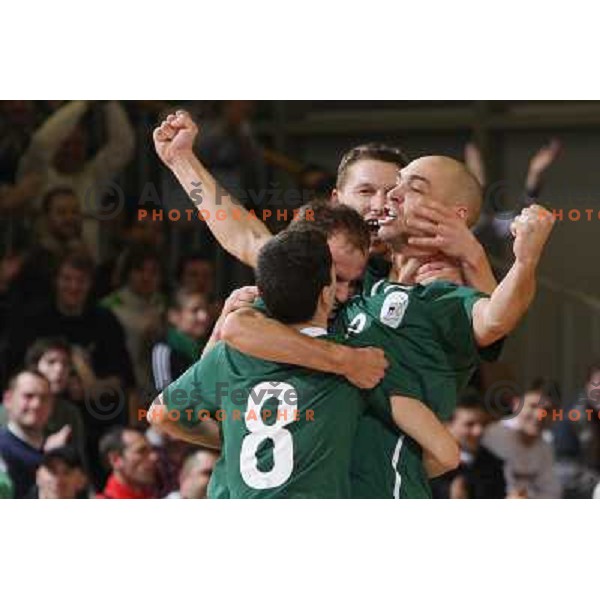 Osojnik Miha with teamates celebrate goal at friendly futsal match Slovenia-Brasil in Hala Tivoli, Ljubljana, Slovenia on 21.2.2008. Brasil won 6:3 (5:1) in front of 4000 spectators. 