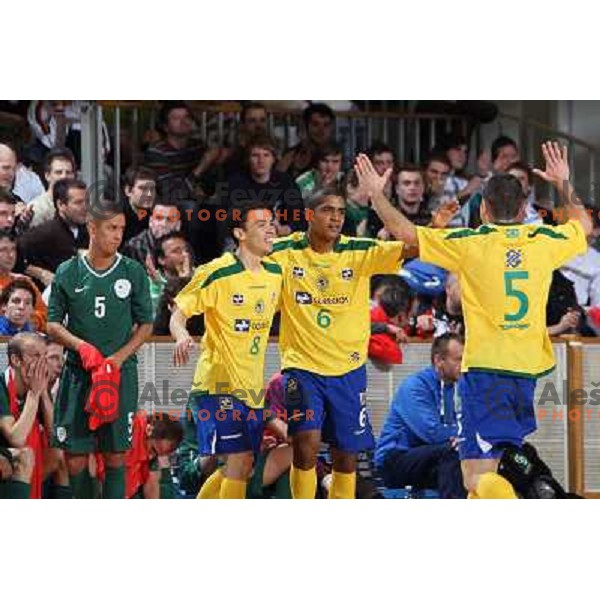 Brasilian players celebrate goal at friendly futsal match Slovenia-Brasil in Hala Tivoli, Ljubljana, Slovenia on 21.2.2008. Brasil won 6:3 (5:1) in front of 4000 spectators. 