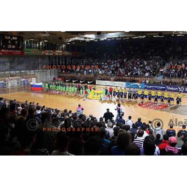 Teams before friendly futsal match Slovenia-Brasil in Hala Tivoli, Ljubljana, Slovenia on 21.2.2008. Brasil won 6:3 (5:1) in front of 4000 spectators. 
