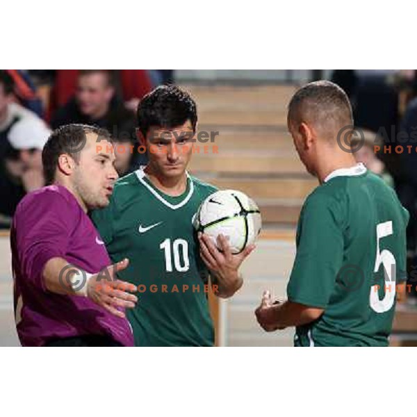 Bajc , Simeunovic (10) and Ibrisimovic(5) at friendly futsal match Slovenia-Brasil in Hala Tivoli, Ljubljana, Slovenia on 21.2.2008. Brasil won 6:3 (5:1) in front of 4000 spectators. 