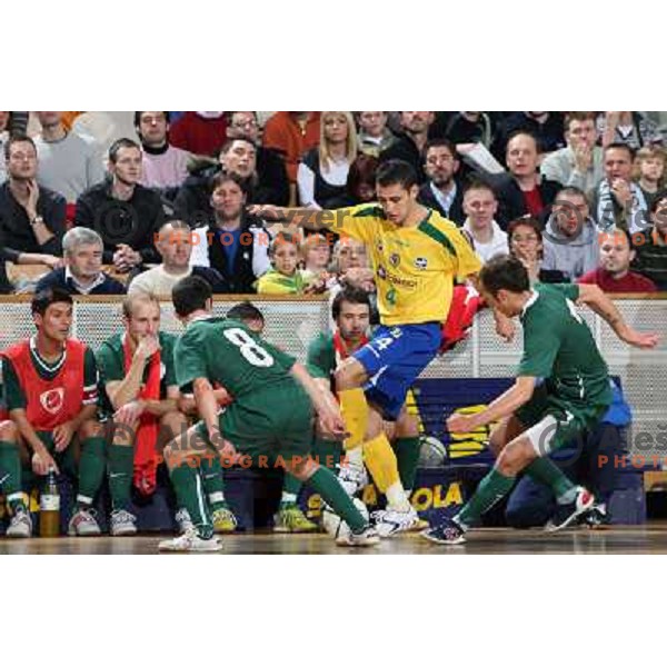 Melina (8) and Osredkar (7) at friendly futsal match Slovenia-Brasil in Hala Tivoli, Ljubljana, Slovenia on 21.2.2008. Brasil won 6:3 (5:1) in front of 4000 spectators. 