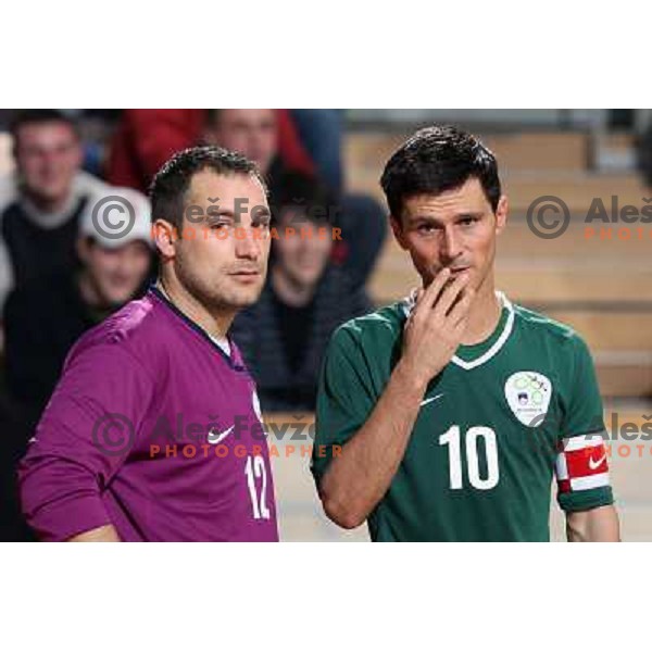 Urban Bajc (12) and Milivoje Simeunovic (10) at friendly futsal match Slovenia-Brasil in Hala Tivoli, Ljubljana, Slovenia on 21.2.2008. Brasil won 6:3 (5:1) in front of 4000 spectators. 