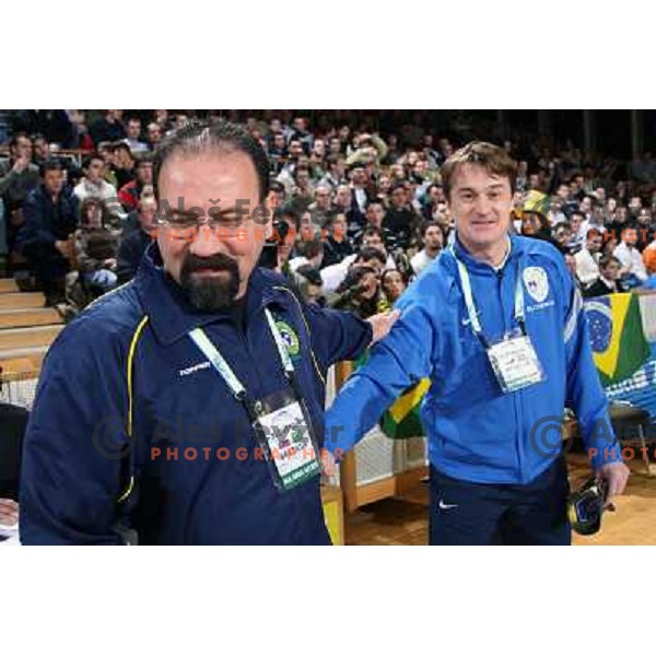 Brasilian coach and slovenian coach Dobovicnik at friendly futsal match Slovenia-Brasil in Hala Tivoli, Ljubljana, Slovenia on 21.2.2008. Brasil won 6:3 (5:1) in front of 4000 spectators. 