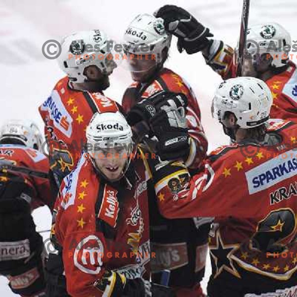 Jesenice celebrates at fourth game of EBEL quater final , Jesenice - Linz 