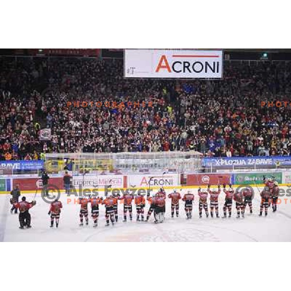 Jesenice celebrates at fourth game of EBEL quater final , Jesenice - Linz 