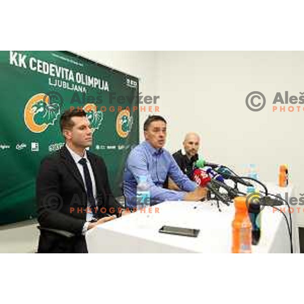 Sani Becirovic,Davor Uzbinec and Slaven Rimac during press conference of KK Cedevita Olimpija before start of 2019/2020 basketball season in Stozice, Ljubljana, Slovenia in August 7, 2019