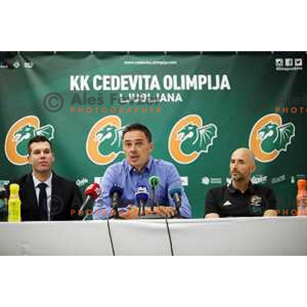 Sani Becirovic,Davor Uzbinec and Slaven Rimac during press conference of KK Cedevita Olimpija before start of 2019/2020 basketball season in Stozice, Ljubljana, Slovenia in August 7, 2019