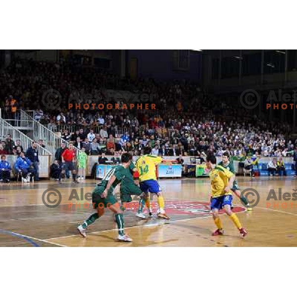 Action at friendly futsal match Slovenia-Brasil in Hala Tivoli, Ljubljana, Slovenia on 21.2.2008. Brasil won 6:3 (5:1) in front of 4000 spectators. 