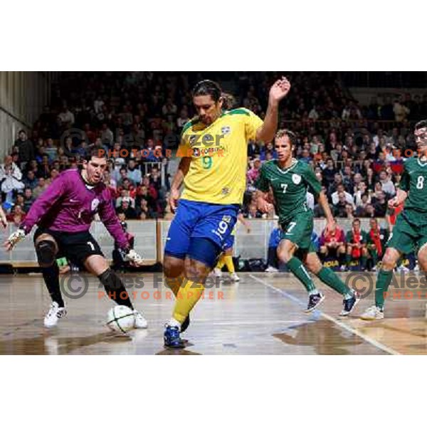 Topic (1), Betao (9) and Osredkar (7) at friendly futsal match Slovenia-Brasil in Hala Tivoli, Ljubljana, Slovenia on 21.2.2008. Brasil won 6:3 (5:1) in front of 4000 spectators. 