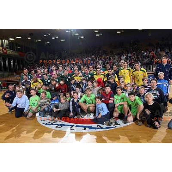 Group shot after friendly futsal match Slovenia-Brasil in Hala Tivoli, Ljubljana, Slovenia on 21.2.2008. Brasil won 6:3 (5:1) in front of 4000 spectators. 