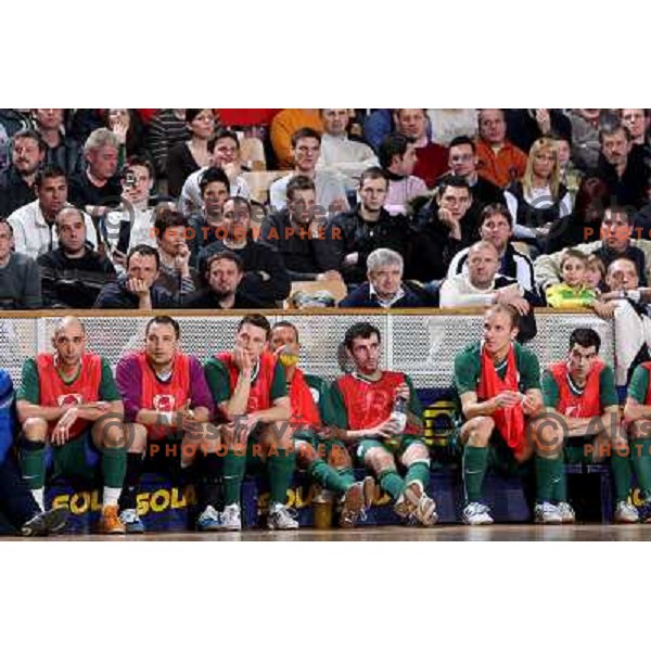 Slovenia futsal players siting at the bernch at friendly futsal match Slovenia-Brasil in Hala Tivoli, Ljubljana, Slovenia on 21.2.2008. Brasil won 6:3 (5:1) in front of 4000 spectators. 