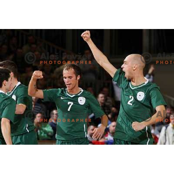 Osredkar (7) and Osojnik (2) celebrate goal at friendly futsal match Slovenia-Brasil in Hala Tivoli, Ljubljana, Slovenia on 21.2.2008. Brasil won 6:3 (5:1) in front of 4000 spectators. 
