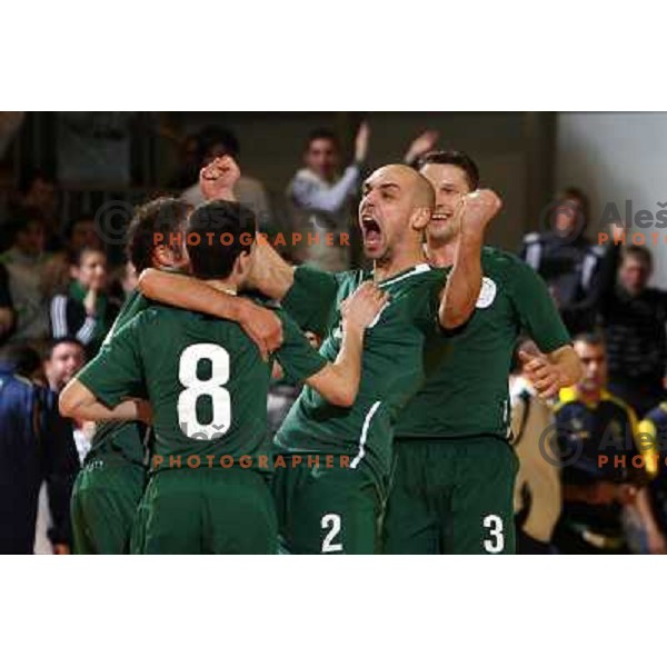 Osojnik (2), Kragelj (3), Melink (8) at friendly futsal match Slovenia-Brasil in Hala Tivoli, Ljubljana, Slovenia on 21.2.2008. Brasil won 6:3 (5:1) in front of 4000 spectators. 