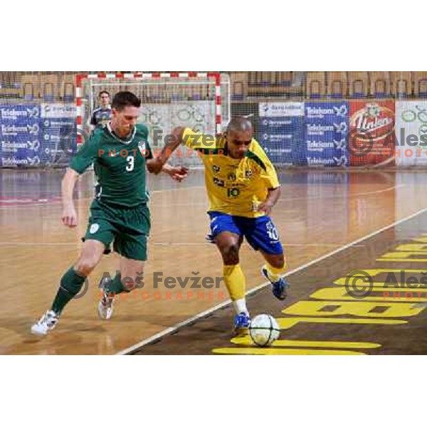 Kragelj (3) and Lukaian (10) at friendly futsal match Slovenia-Brasil in Hala Tivoli, Ljubljana, Slovenia on 21.2.2008. Brasil won 6:3 (5:1) in front of 4000 spectators. 
