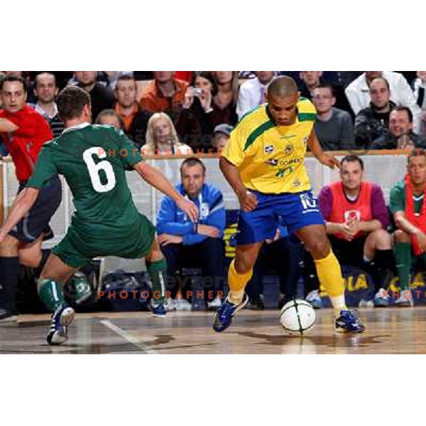 Drobnic 86) and Lukaian (10) at friendly futsal match Slovenia-Brasil in Hala Tivoli, Ljubljana, Slovenia on 21.2.2008. Brasil won 6:3 (5:1) in front of 4000 spectators. 