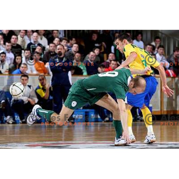 Ursic (9) and Neto (4) at friendly futsal match Slovenia-Brasil in Hala Tivoli, Ljubljana, Slovenia on 21.2.2008. Brasil won 6:3 (5:1) in front of 4000 spectators. 