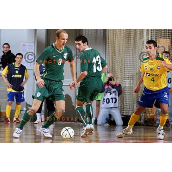 Ursic (9), Goranovic (13) and Neto (4) at friendly futsal match Slovenia-Brasil in Hala Tivoli, Ljubljana, Slovenia on 21.2.2008. Brasil won 6:3 (5:1) in front of 4000 spectators. 