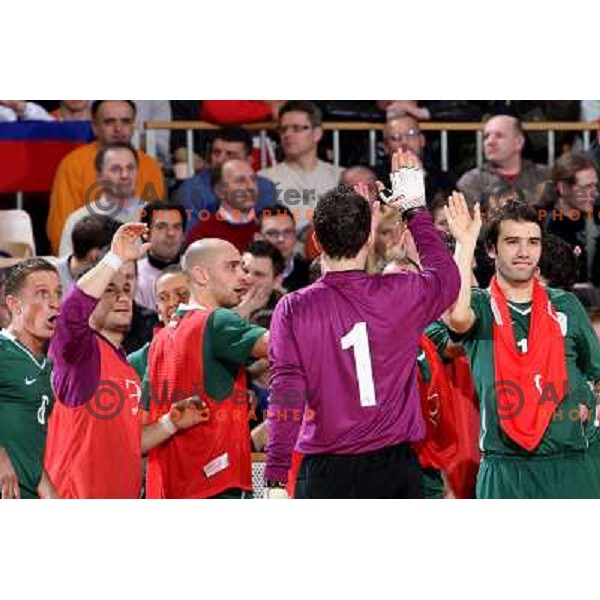 Celebration at friendly futsal match Slovenia-Brasil in Hala Tivoli, Ljubljana, Slovenia on 21.2.2008. Brasil won 6:3 (5:1) in front of 4000 spectators. 