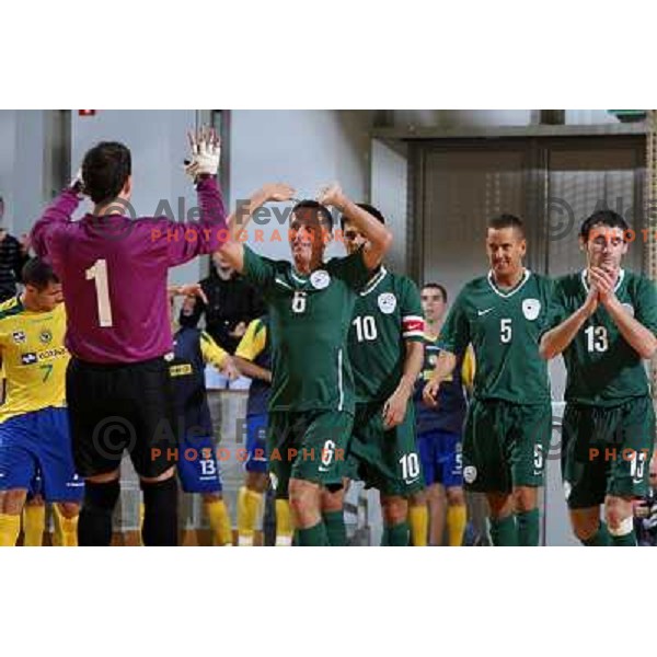 Topic (1) and Drobnic (6) at friendly futsal match Slovenia-Brasil in Hala Tivoli, Ljubljana, Slovenia on 21.2.2008. Brasil won 6:3 (5:1) in front of 4000 spectators. 