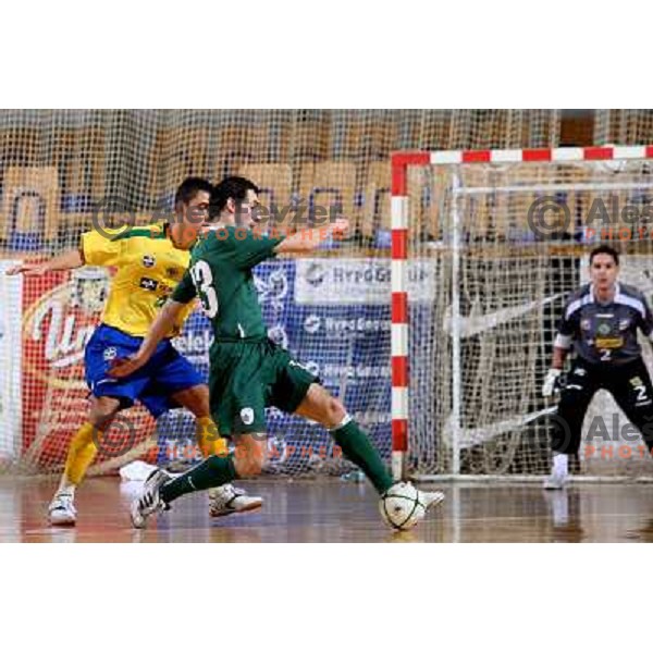 Neto (4) and Goranovic (13) at friendly futsal match Slovenia-Brasil in Hala Tivoli, Ljubljana, Slovenia on 21.2.2008. Brasil won 6:3 (5:1) in front of 4000 spectators. 