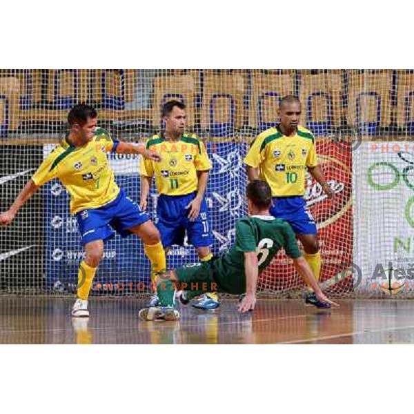 Vinicius (7), Marquinho (11),Drobnic (6) and Lukaian (10) at friendly futsal match Slovenia-Brasil in Hala Tivoli, Ljubljana, Slovenia on 21.2.2008. Brasil won 6:3 (5:1) in front of 4000 spectators. 