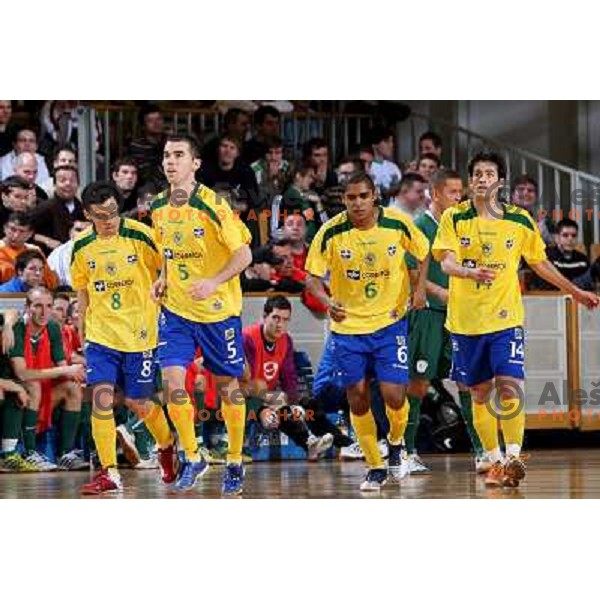 Fernandinho (8), Carlinhos (5),Cafe (6) and Rato (14) at friendly futsal match Slovenia-Brasil in Hala Tivoli, Ljubljana, Slovenia on 21.2.2008. Brasil won 6:3 (5:1) in front of 4000 spectators. 