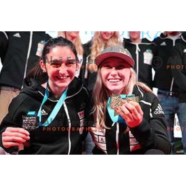 Mia Krampl and Janja Garnbret during Reception for Slovenia climbing team after return from World Free Climbing Championships in Japan in front of Ljubljana Town Hall, Slovenia on August 23, 2019