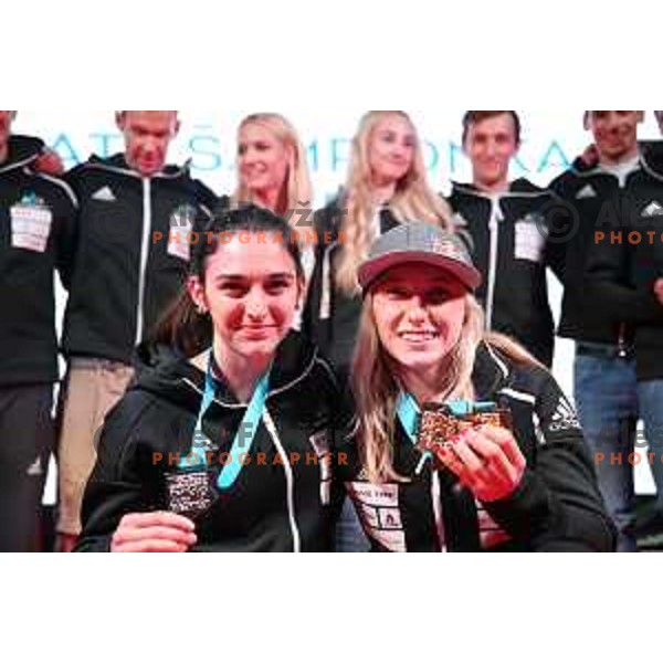 Mia Krampl and Janja Garnbret during Reception for Slovenia climbing team after return from World Free Climbing Championships in Japan in front of Ljubljana Town Hall, Slovenia on August 23, 2019