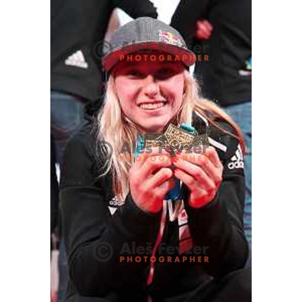 Janja Garnbret, triple World Champion during Reception for Slovenia climbing team after return from World Free Climbing Championships in Japan in front of Ljubljana Town Hall, Slovenia on August 23, 2019