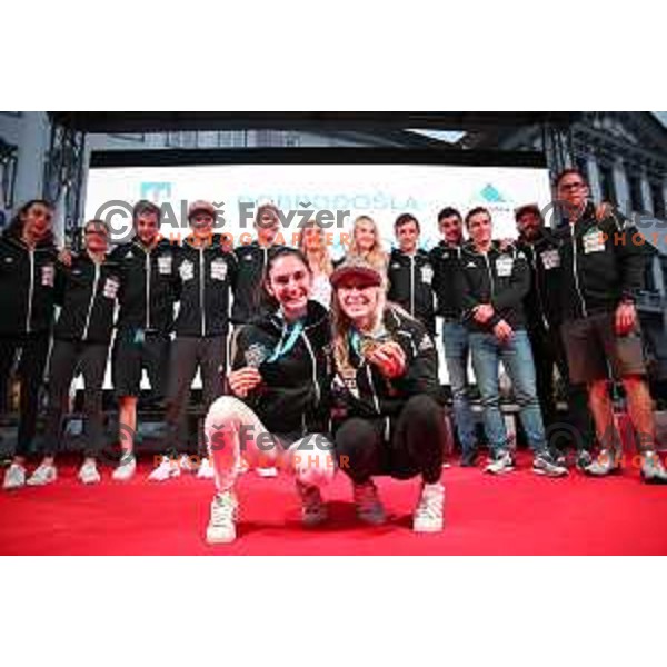 Mia Krampl and Janja Garnbret during Reception for Slovenia climbing team after return from World Free Climbing Championships in Japan in front of Ljubljana Town Hall, Slovenia on August 23, 2019