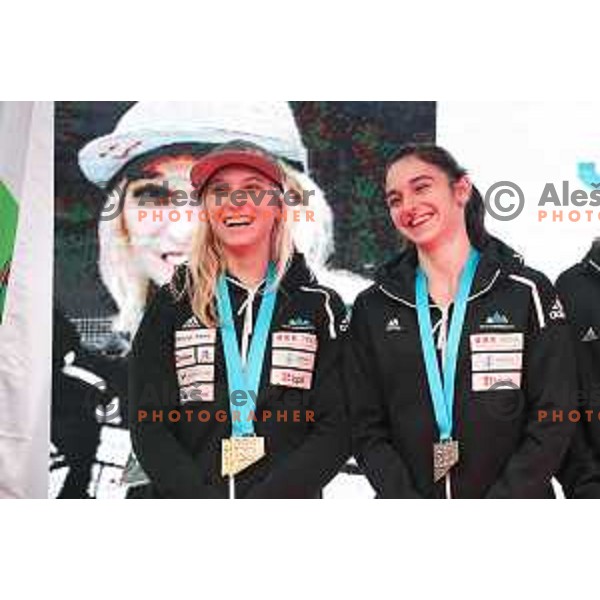 Janja Garnbret, triple World Champion and silver medalist Mia Krampl at Reception for Slovenia climbing team after return from World Free Climbing Championships in Japan in front of Ljubljana Town Hall, Slovenia on August 23, 2019